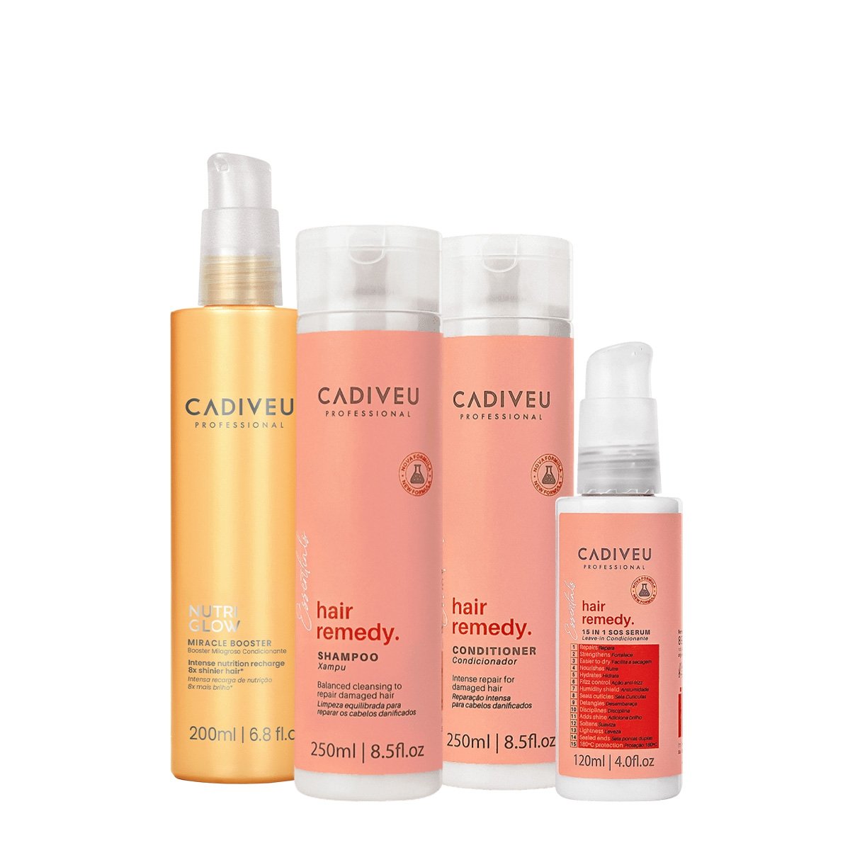 Kit Cadiveu Essentials Hair Remedy Shampoo Condicionador Leave-in Serum e Nutri Glow Booster (4 produtos) ÚNICO 1