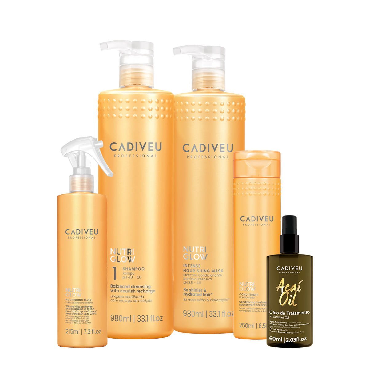 Kit Cadiveu Professional Nutri Glow Shampoo G Condicionador Mascara Fluido G e Acai Oil 60 (5 produtos)