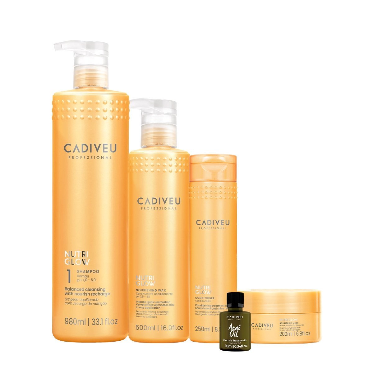 Kit Cadiveu Professional Nutri Glow Shampoo Condicionador Mascara Cera e Acai Oil (5 produtos) ÚNICO 1