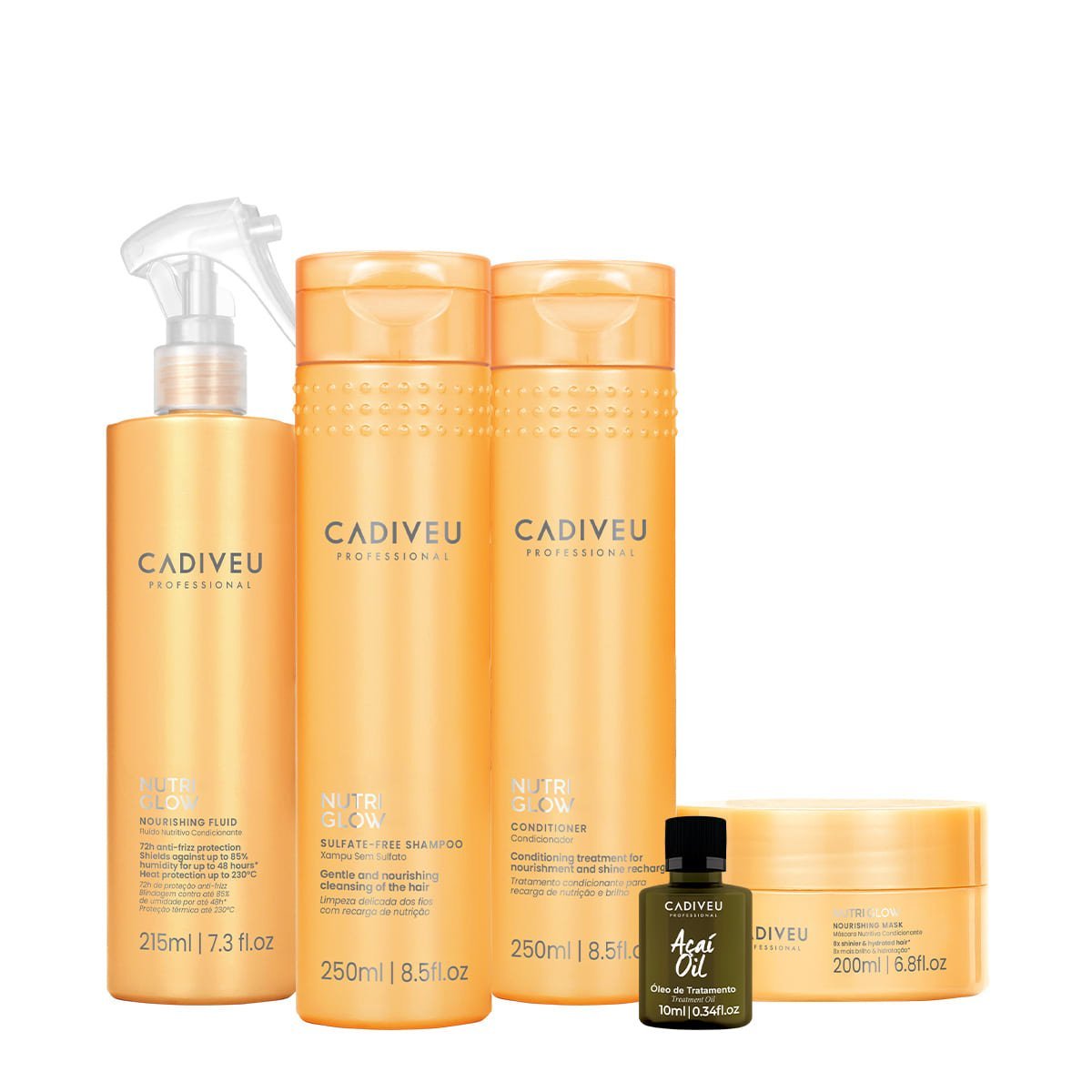 Kit Cadiveu Professional Nutri Glow Shampoo Condicionador Mascara P Fluido e Acai Oil (5 produtos)