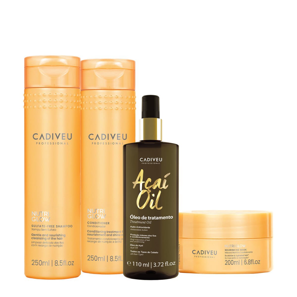 Kit Cadiveu Professional Nutri Glow Shampoo Condicionador Mascara P e Acai Oil 110 (4 produtos)