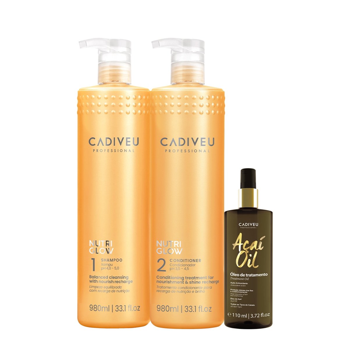 Kit Cadiveu Professional Nutri Glow Shampoo Condicionador G e Acai Oil 110 (3 produtos)