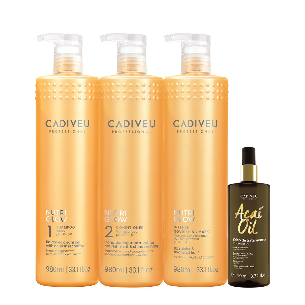 Kit Cadiveu Professional Nutri Glow Shampoo Condicionador Mascara G e Acai Oil 110 (4 produtos) ÚNICO 1