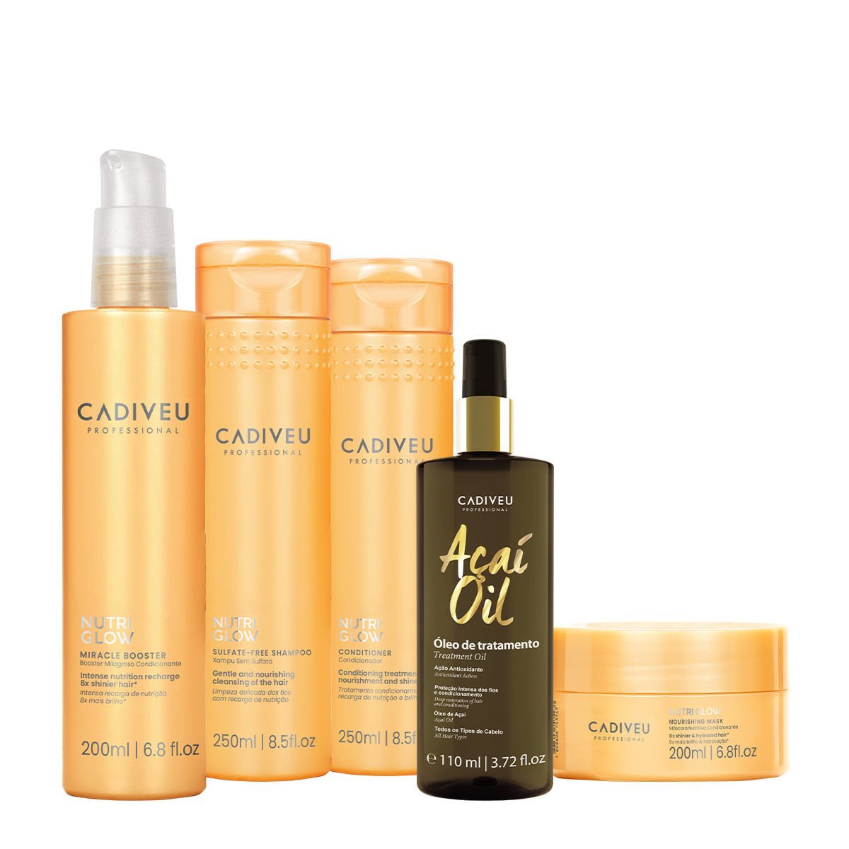 Kit Cadiveu Professional Nutri Glow Shampoo Condicionador Mascara Pre-Shampoo e Acai Oil 110 (5 produtos)