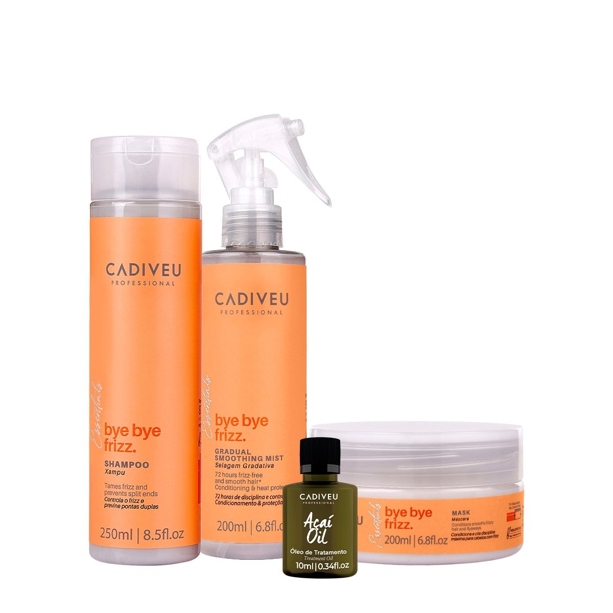 Kit Cadiveu Professional Bye Bye Frizz Shampoo Mascara Selagem Gradativa e Acai Oil (4 produtos) ÚNICO 1