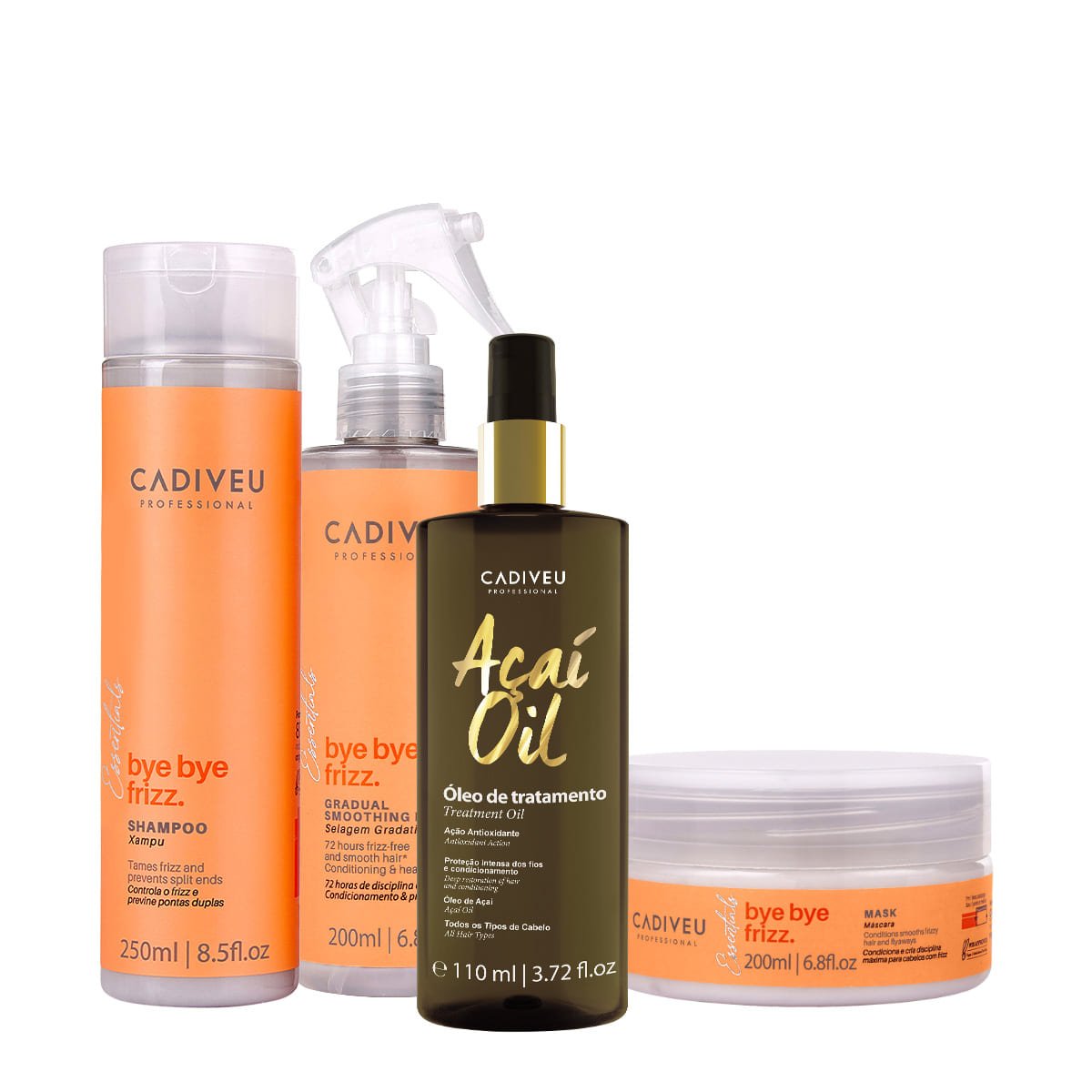 Kit Cadiveu Professional Bye Bye Frizz Shampoo Mascara Selagem Gradativa e Acai Oil 110 (4 produtos)