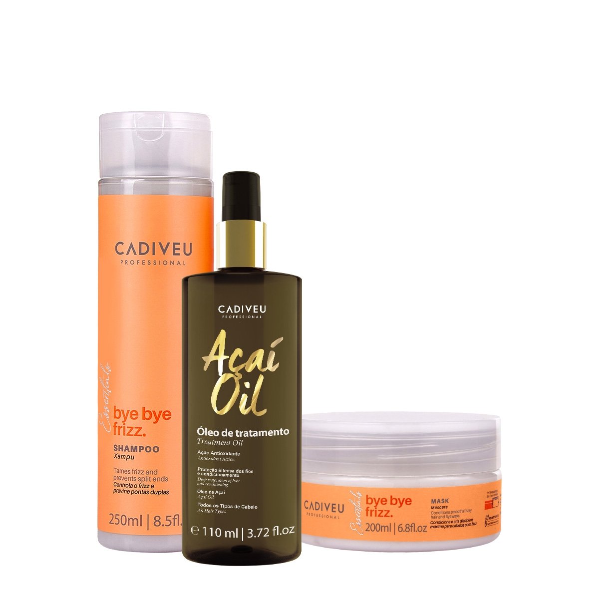 Kit Cadiveu Professional Bye Bye Frizz Shampoo Mascara e Acai Oil 110 (3 produtos)