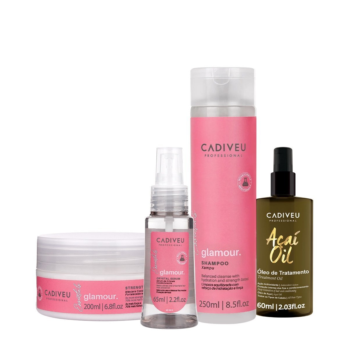 Kit Cadiveu Professional Essentials Glamour Shampoo Mascara Serum e Acai Oil 60 (4 produtos)