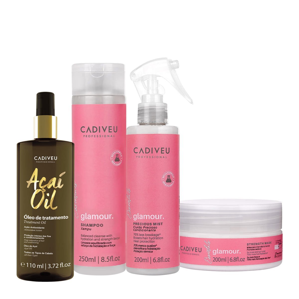 Kit Cadiveu Professional Essentials Glamour Shampoo Mascara Fluido e Acai Oil 110 (4 produtos)