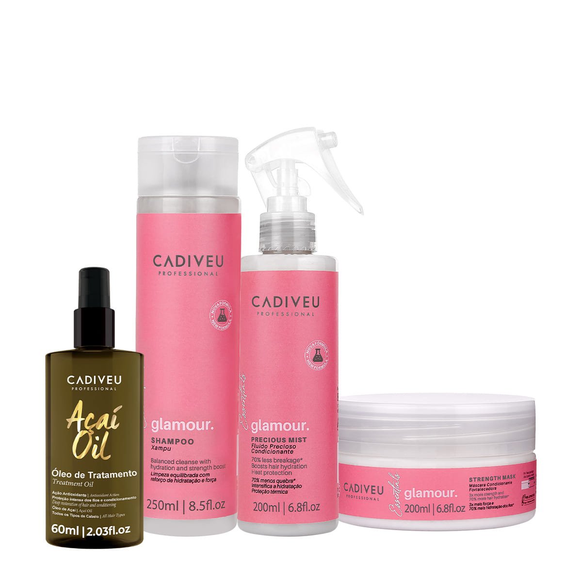 Kit Cadiveu Professional Essentials Glamour Shampoo Mascara Fluido e Acai Oil (4 produtos)