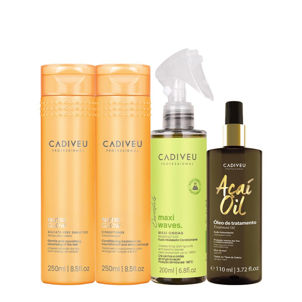 Kit Cadiveu Professional Nutri Glow Shampoo Condicionador Maxi Ondas e Acai Oil 110 (4 produtos)