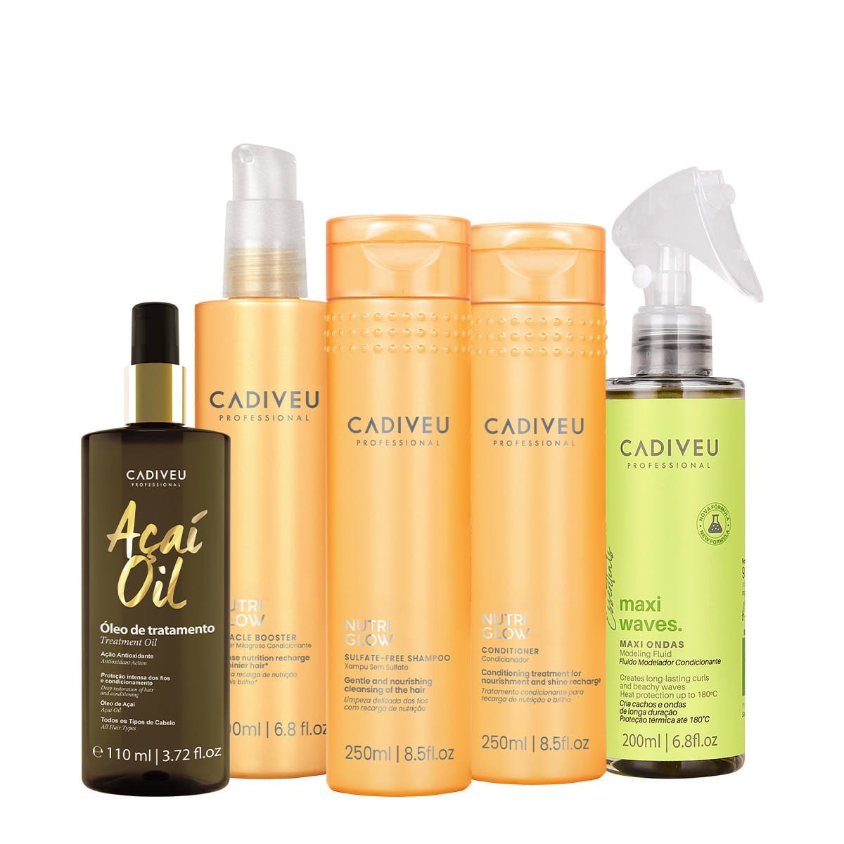 Kit Cadiveu Professional Nutri Glow Shampoo Condicionador Maxi Ondas Booster Pre Shampoo e Acai Oil 110 (5 produtos)