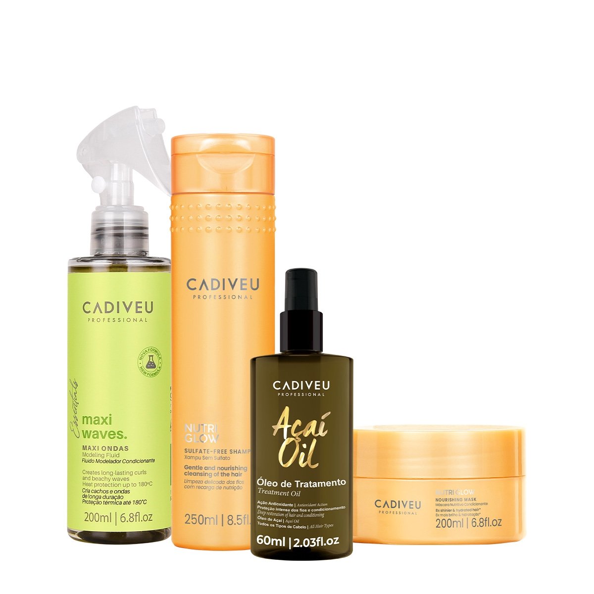 Kit Cadiveu Professional Nutri Glow Shampoo Mascara Maxi Ondas e Acai Oil 60 (4 produtos)