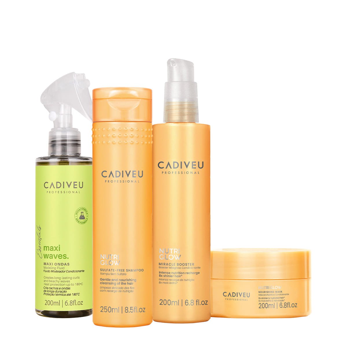Kit Cadiveu Professional Nutri Glow Shampoo Mascara Maxi Ondas e  Booster Fluido de Tratamento (4 produtos)
