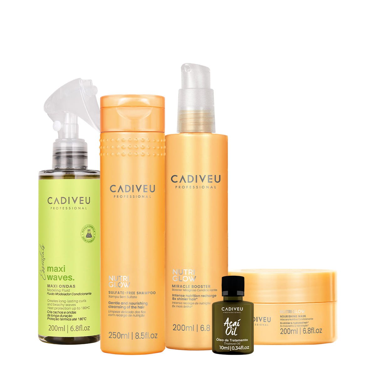 Kit Cadiveu Professional Nutri Glow Shampoo Mascara Maxi Ondas Booster Fluido de Tratamento e Acai Oil (5 produtos) ÚNICO 1