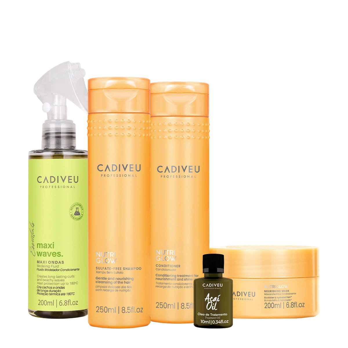 Kit Cadiveu Professional Nutri Glow Shampoo Condicionador Mascara Maxi Ondas e Acai Oil (5 produtos) ÚNICO 1