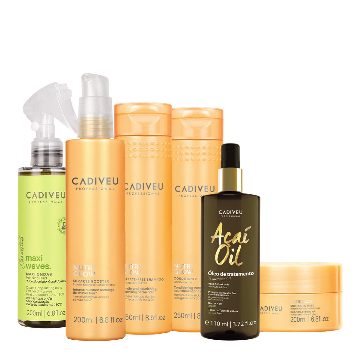 Kit Cadiveu Professional Nutri Glow Shampoo Condicionador Mascara Fluido Leave-in e Acai Oil 110 (6 produtos) ÚNICO 1