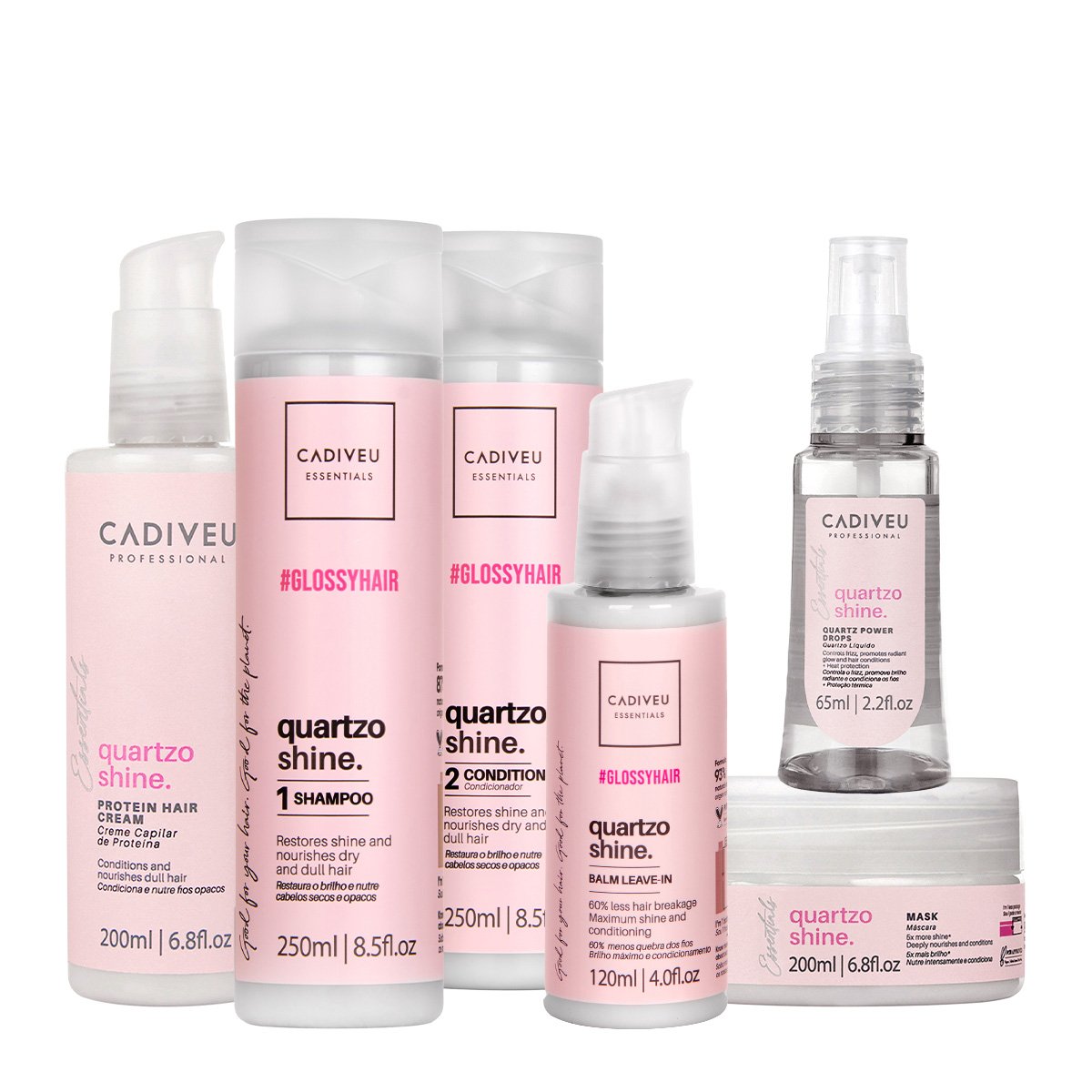 Kit Cadiveu Professional Essentials Quartzo Shine Shampoo Condicionador Mascara Pre- Shampoo Leave-in e Oleo (6 produtos