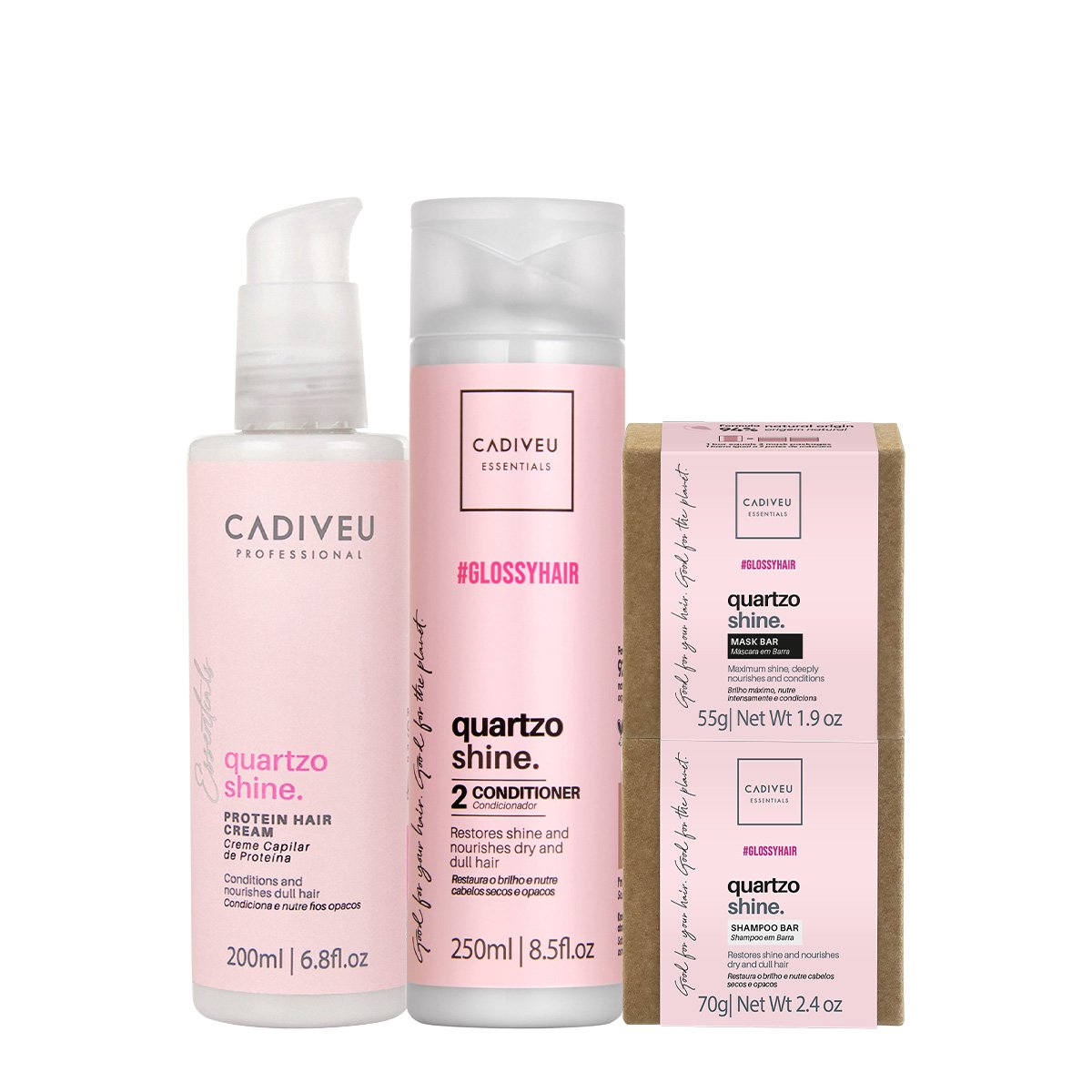 Kit Cadiveu Professional Essentials Quartzo Shine Shampoo em Barra Condicionador Mascara em Barra e Pre Shampoo (4 produ ÚNICO 1