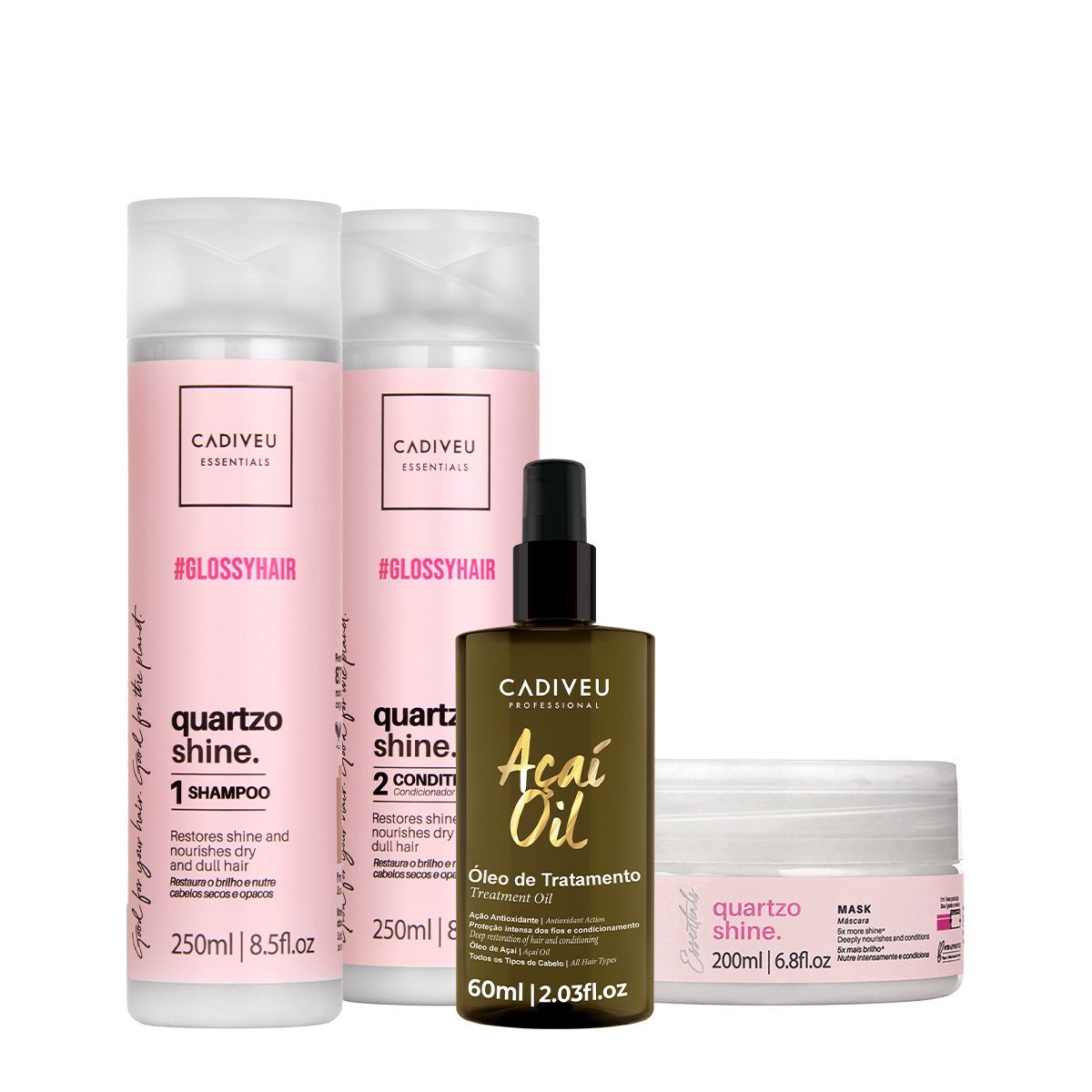 Kit Cadiveu Professional Quartzo Shine Shampoo Condicionador Mascara e Acai Oil 60 (4 produtos)
