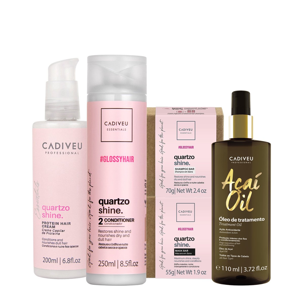 Kit Cadiveu Professional Essentials Quartzo Shine Shampoo Barra Condicionador Mascara Barra Pre-Shampoo e Acai Oil 110 ÚNICO 1