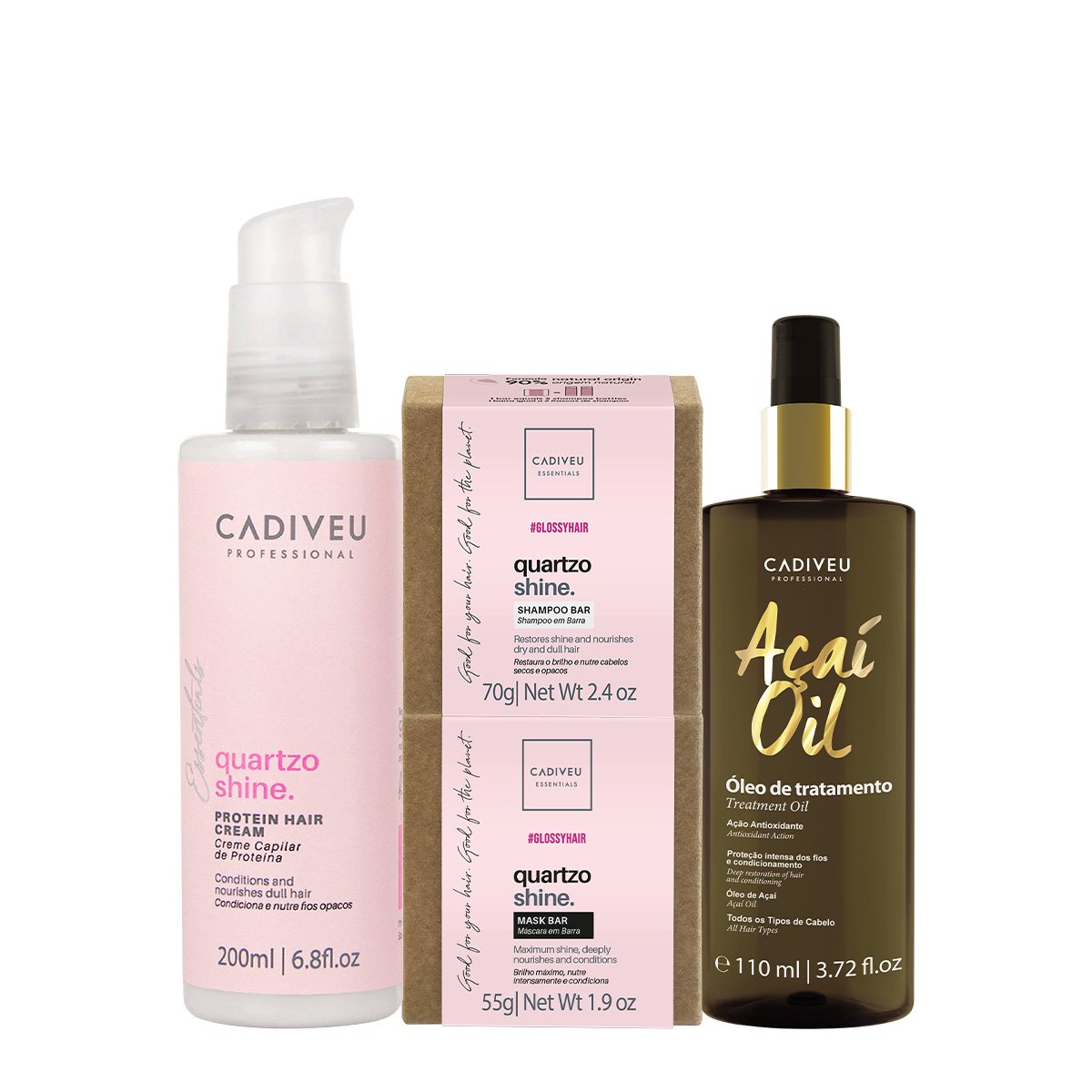 Kit Cadiveu Professional Essentials Quartzo Shine Shampoo Mascara em Barra Pre-Shampoo e Acai Oil 110 (4 produtos) ÚNICO 1