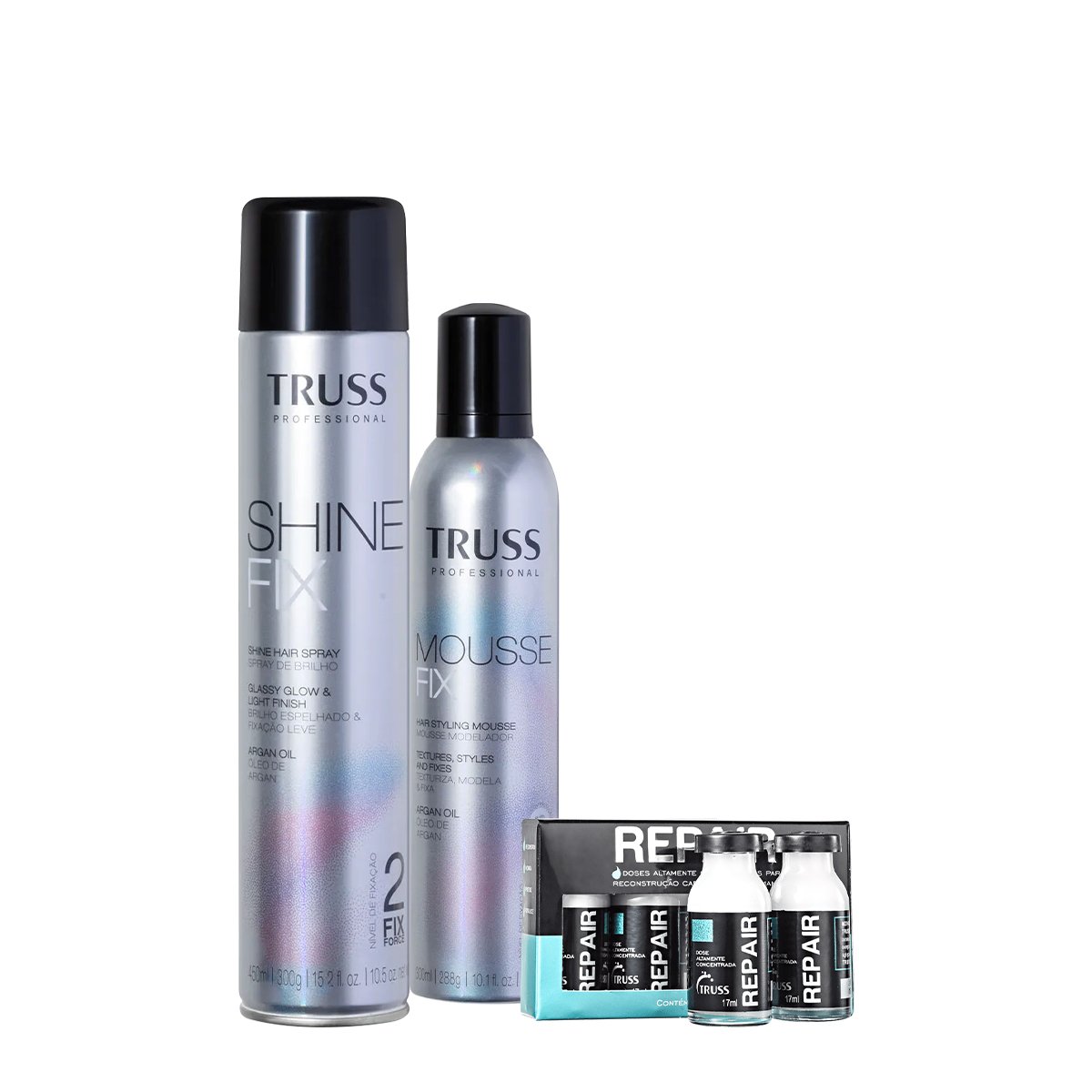 Kit Truss Fix Mousse Modelador Shine Spray de Brilho e Shock Repair (3 produtos)