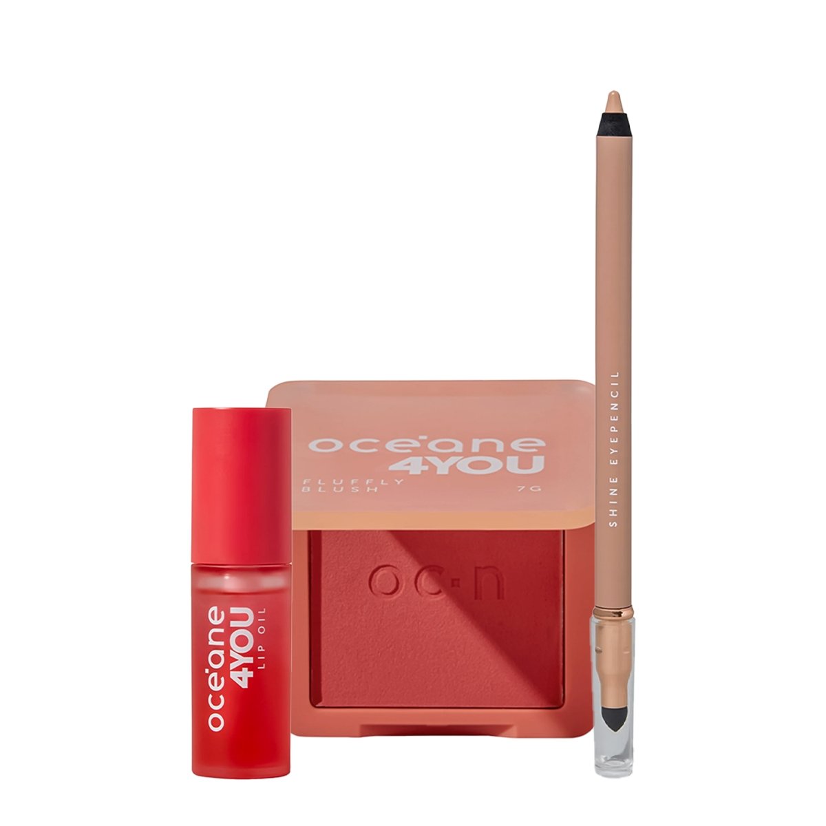 Kit Oceane 4you Lip Oil Coral Pink Blush Cremoso e Shine Nude Lapis para Olhos (3 produtos) ÚNICO 1