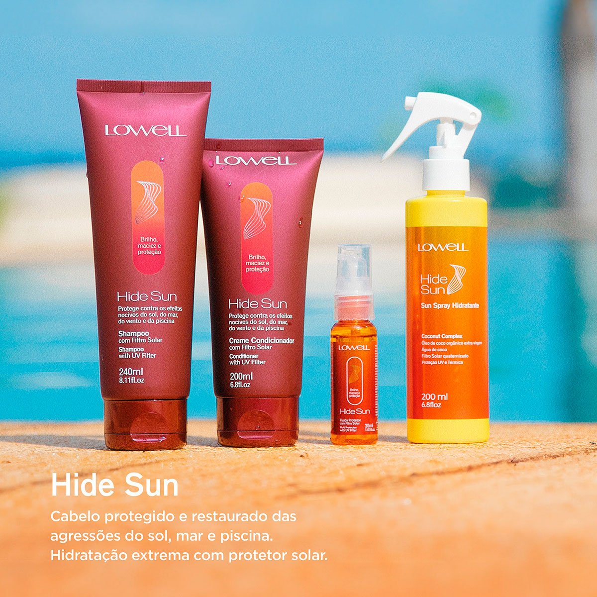 Kit Lowell Hide Sun Protecao Solar Shampoo Condicionador e Pour