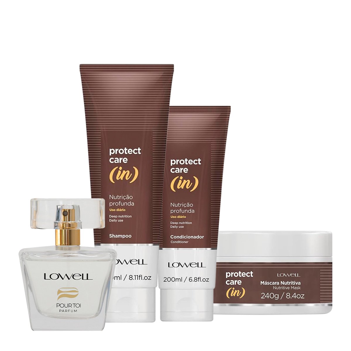 Kit Lowell Protect Care (in) Shampoo Condicionador Mascara e Pour Toi Parfum Cabelo e Corpo (4 produtos) ÚNICO 1