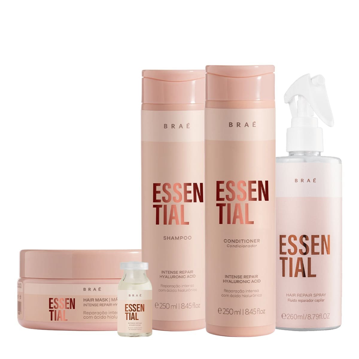 Kit Brae Essential Shampoo Condicionador Mascara Fluido Reparador e Ampola Capilar (5 produtos) ÚNICO 1