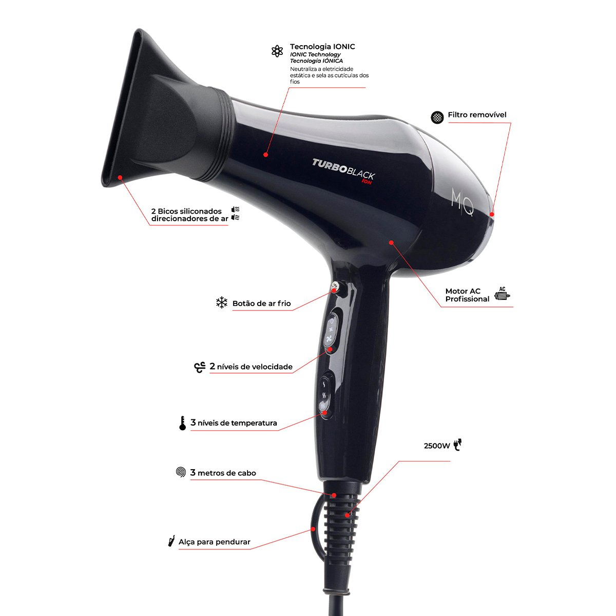 MQ Turbo Black Ion 2500w 220v - Secador de Cabelo Preto 4