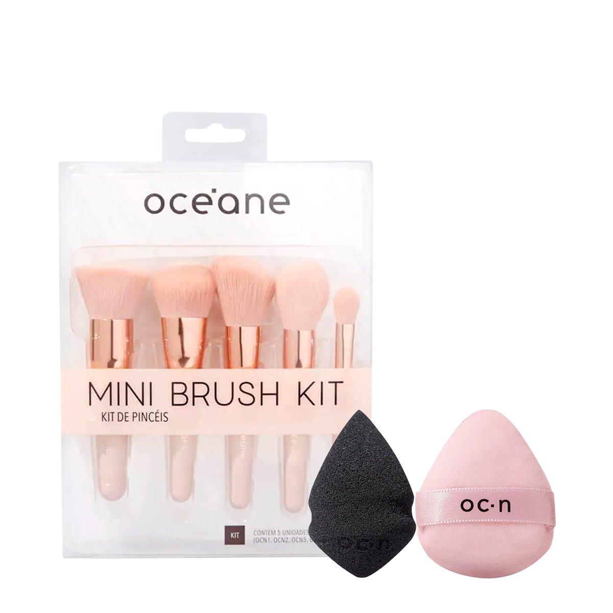 Kit Oceane Mini 5 Pinceis Drop e Powder Puff Rosa (3 produtos)