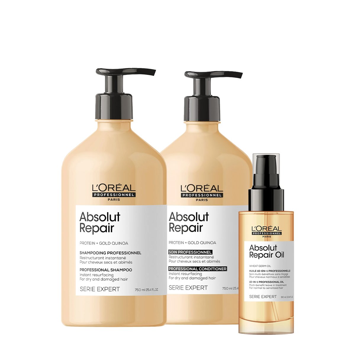 Kit LOreal Professionnel Absolut Repair Gold Quinoa Protein Shampoo Condicionador e Oleo (3 produtos) ÚNICO 1
