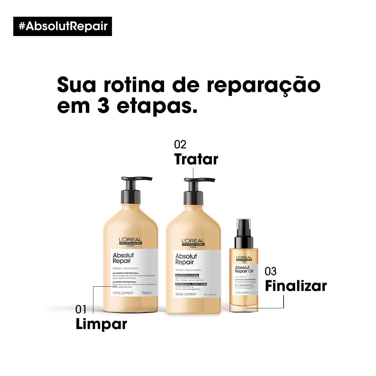 Kit LOreal Professionnel Absolut Repair Gold Quinoa Protein Shampoo Condicionador e Oleo (3 produtos) ÚNICO 2
