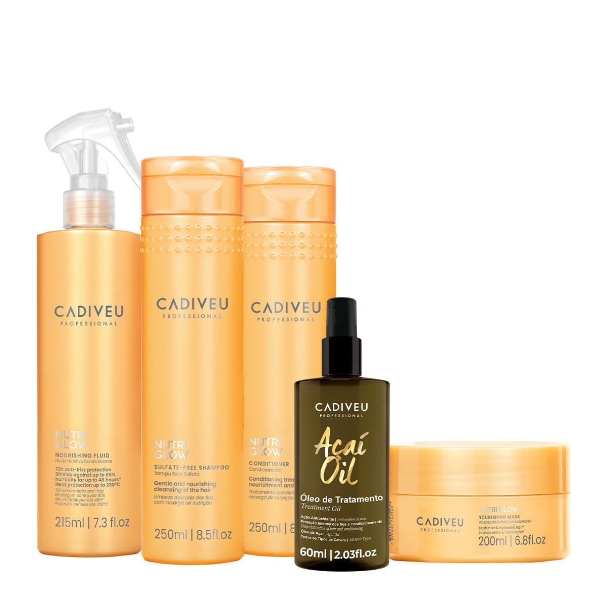 Kit Cadiveu Professional Nutri Glow Shampoo Condicionador Mascara P Fluido e Acai Oil 60 (5 produtos)