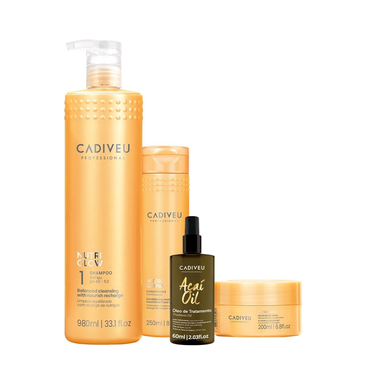 Kit Cadiveu Professional Nutri Glow Shampoo G Condicionador Mascara P e Acai Oil 60 (4 produtos)
