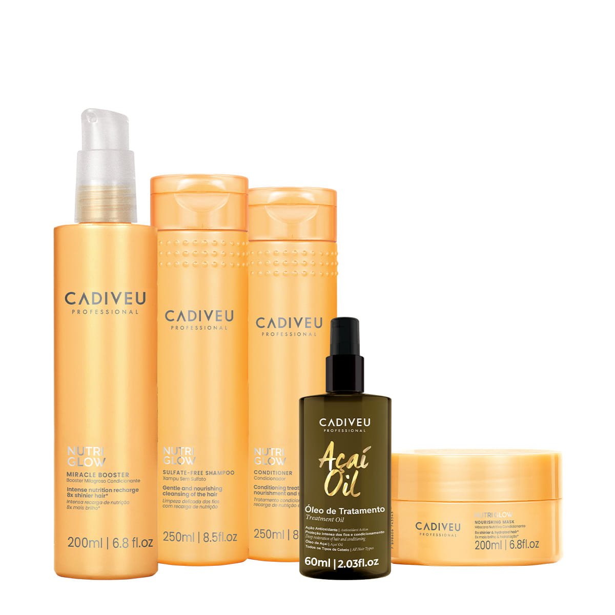 Kit Cadiveu Professional Nutri Glow Shampoo Condicionador Mascara Pre-Shampoo e Acai Oil 60 (5 produtos)