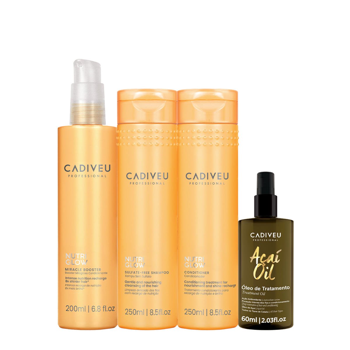 Kit Cadiveu Professional Nutri Glow Shampoo Condicionador Pre-Shampoo  e Acai Oil 60 (4 produtos)