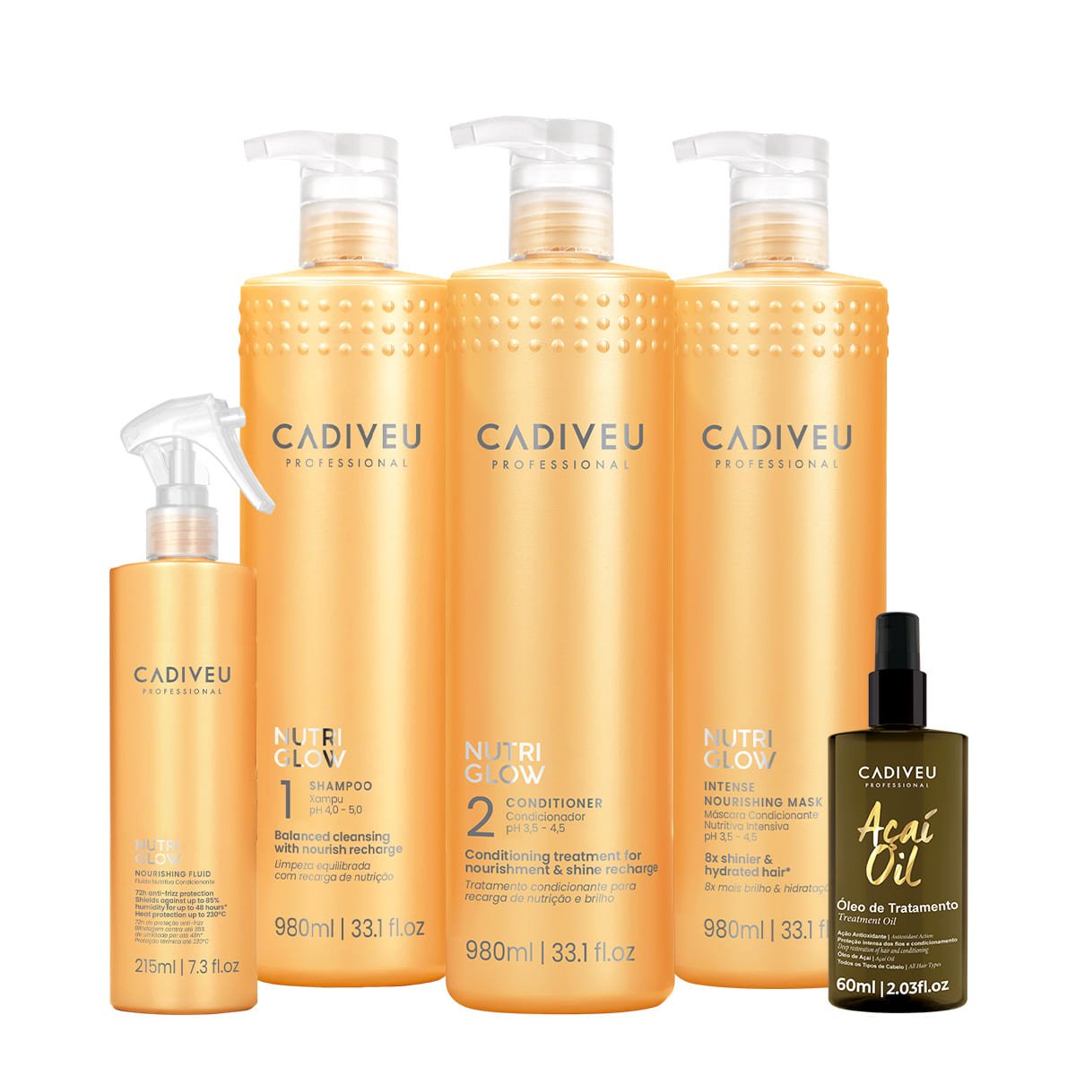 Kit Cadiveu Professional Nutri Glow Shampoo Condicionador Mascara Litro Fluido e Acai Oil 60 (5 produtos)