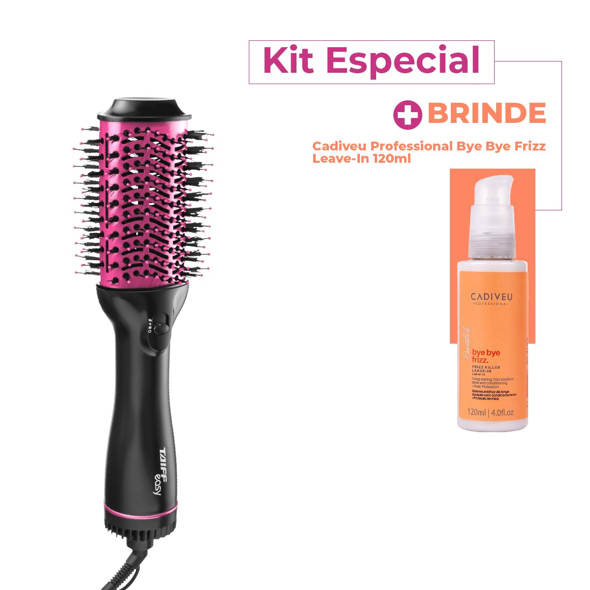 Kit Taiff Easy 1200W 127V Rosa Escova Secadora Cadiveu Bye Bye Frizz Leave-in (2 produtos)