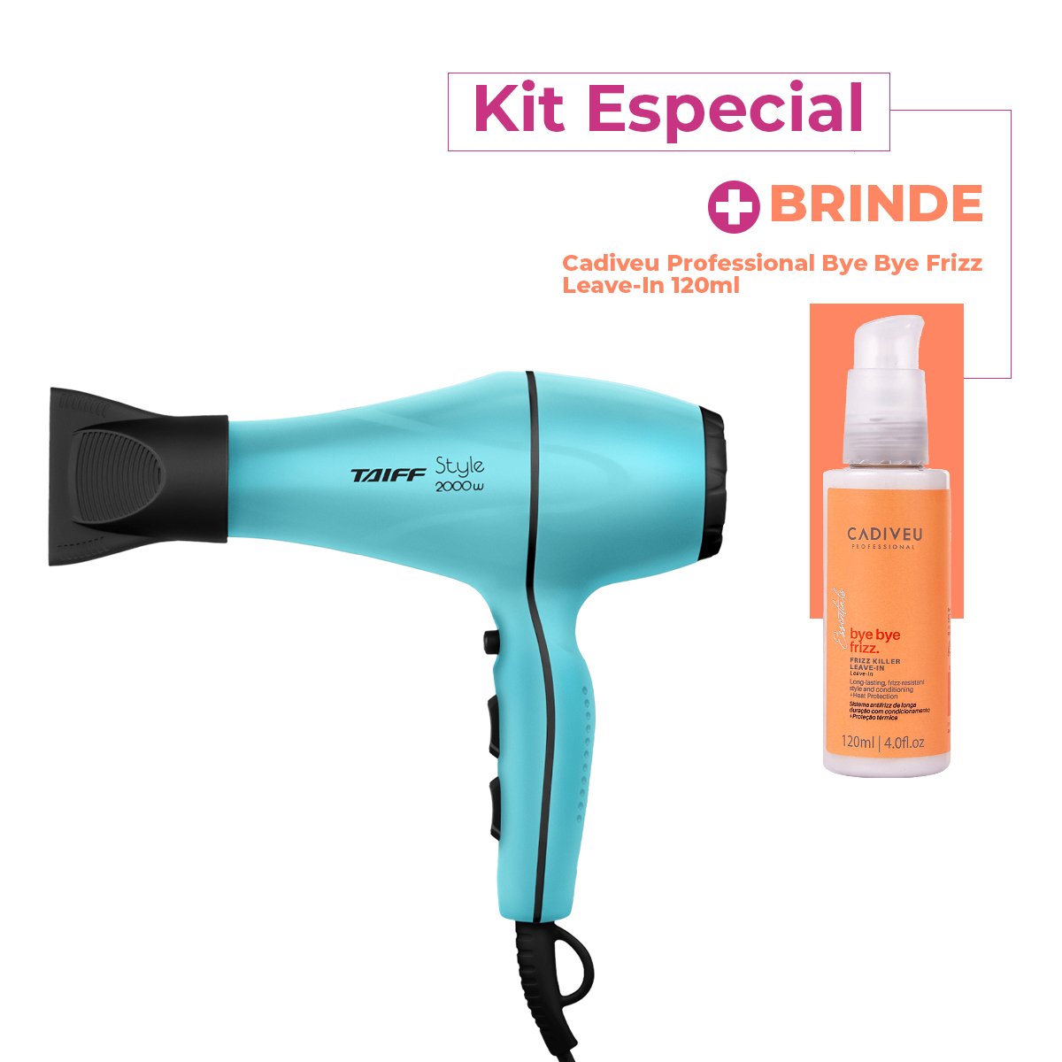 Kit Taiff Style 2000W 220V Azul Tiffany Secador Cadiveu Bye Bye Frizz Leave-in (2 produtos)