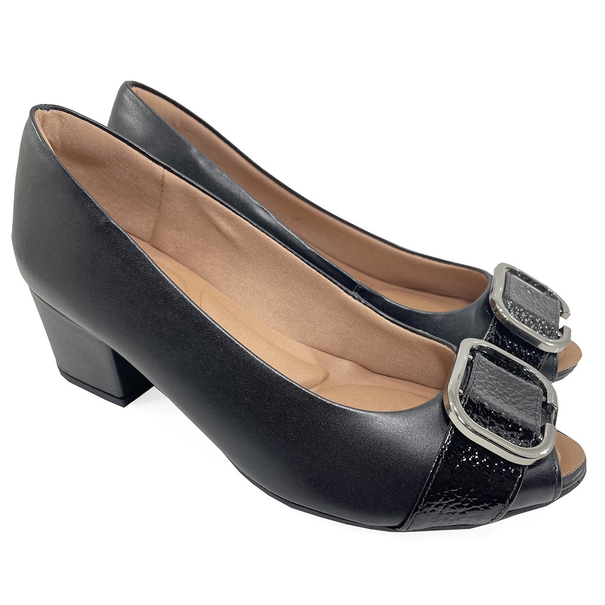 Peep Toe Couro Usaflex Salto Bloco Enfeite Metal - Preto Preto 1