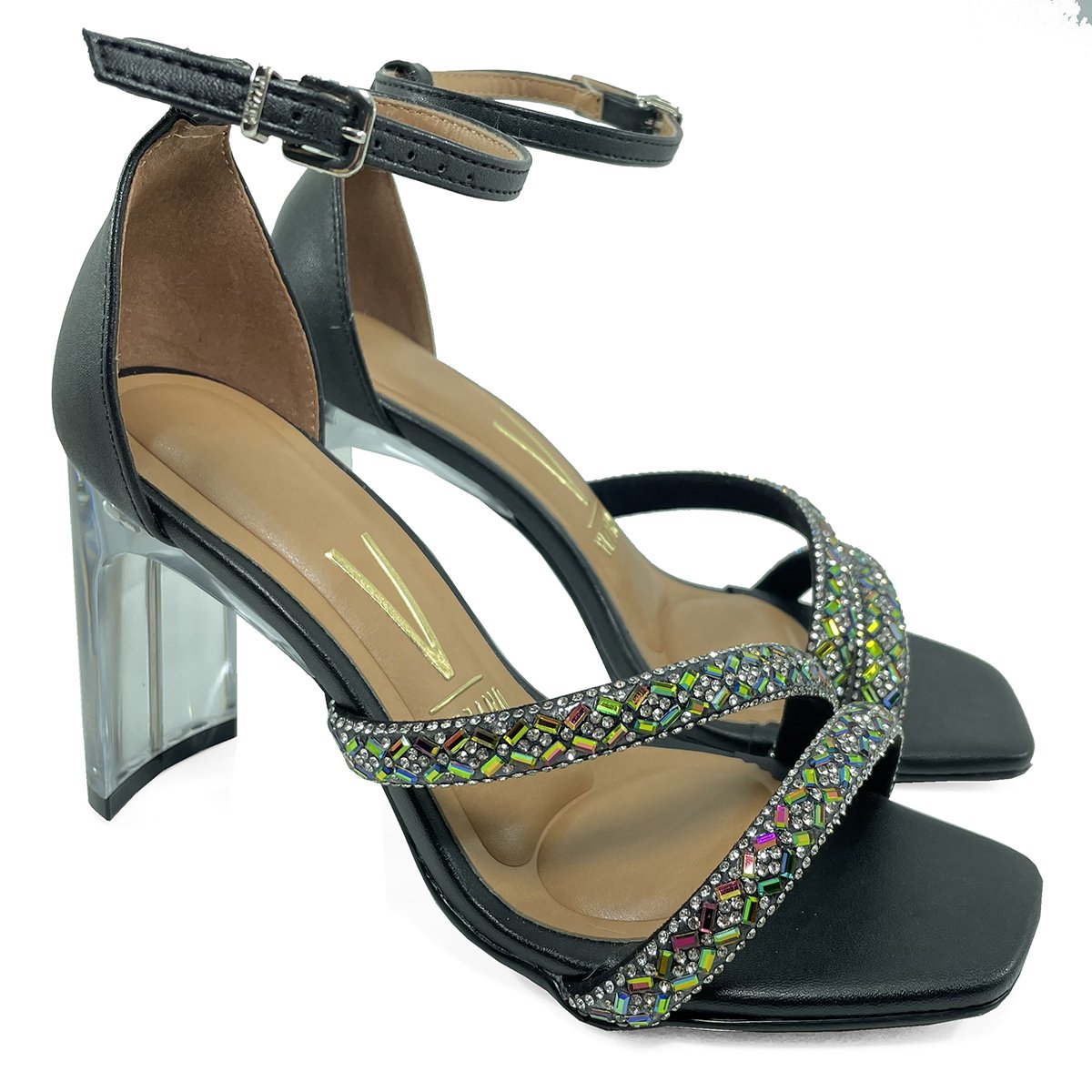 Sandália Vizzano Salto Acrílico Strass Pedras Feminina - Preto Preto 1