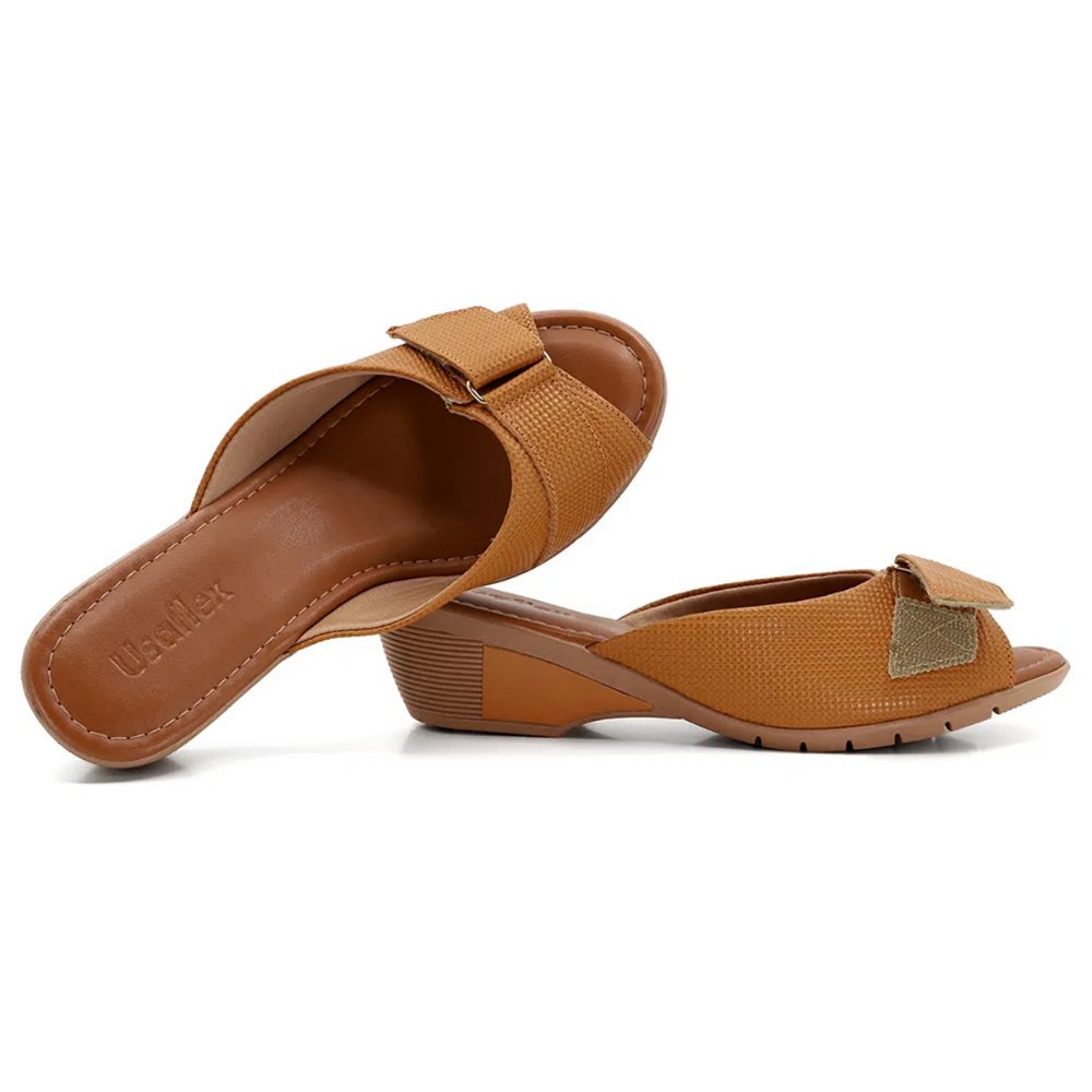 Tamanco Usaflex Anabela Couro Mini Tressê - Caramelo Bege 3