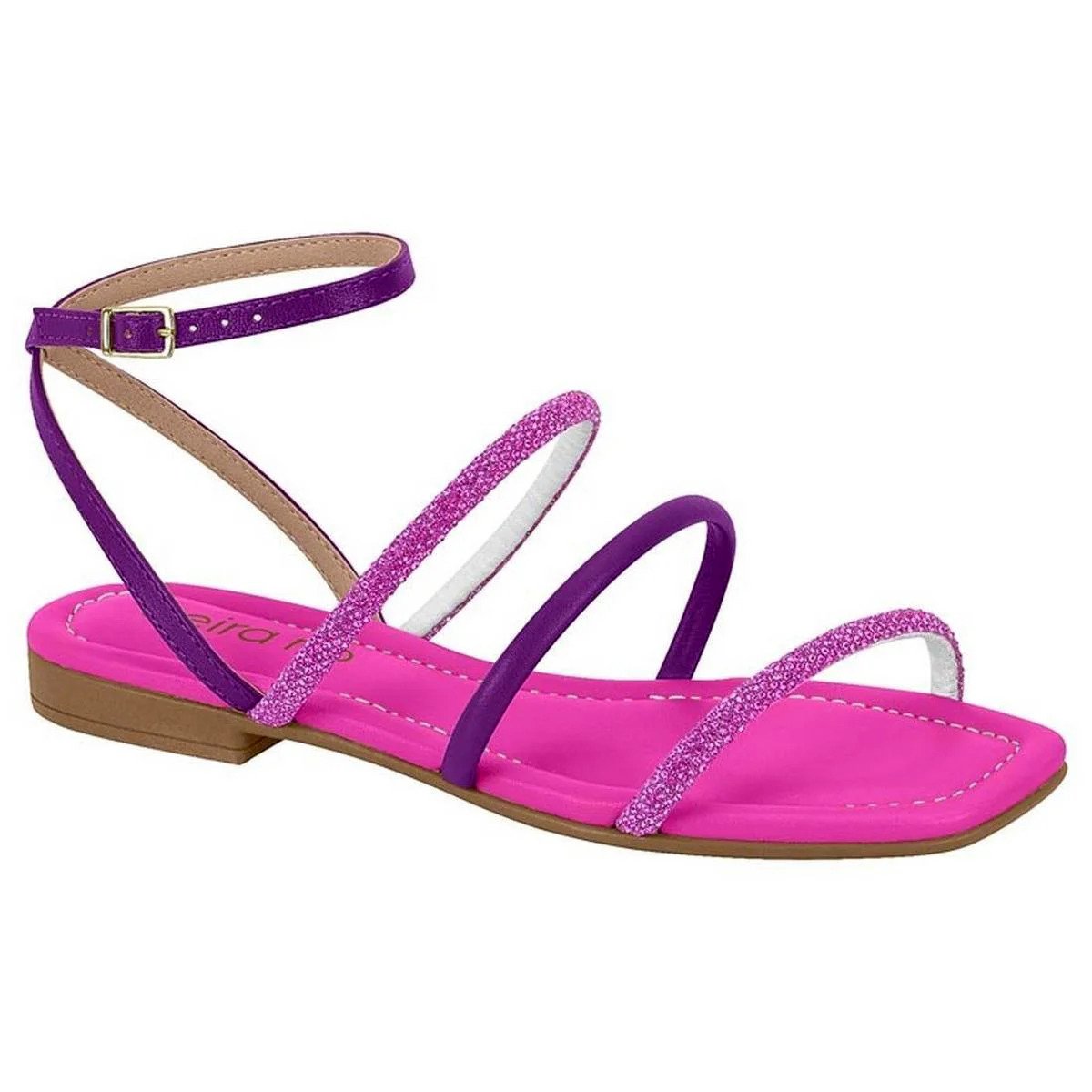 Rasteira Beira Rio Flat Tiras Strass Com Traseiro - Rosa e Violeta Rosa 1