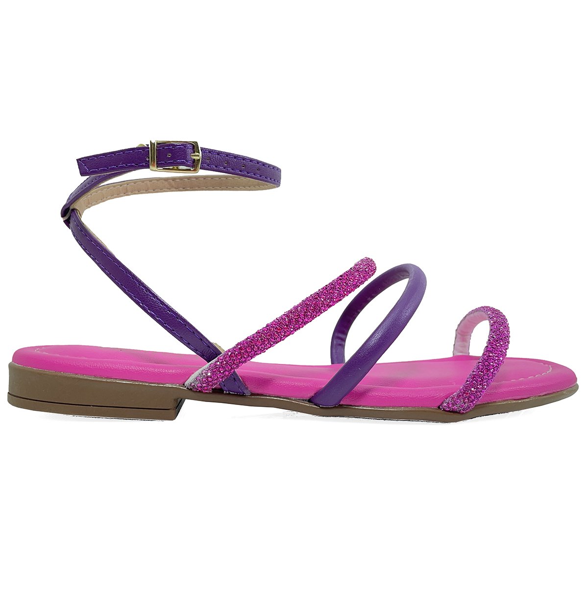 Rasteira Beira Rio Flat Tiras Strass Com Traseiro - Rosa e Violeta Rosa 2