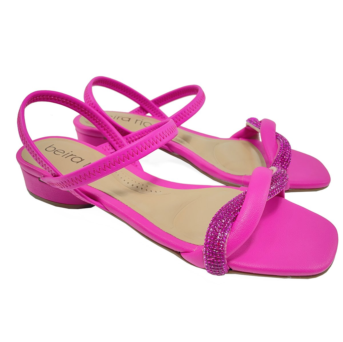 Sandália Beira Rio Strass Calce Fácil Salto Baixo Rosa Rosa