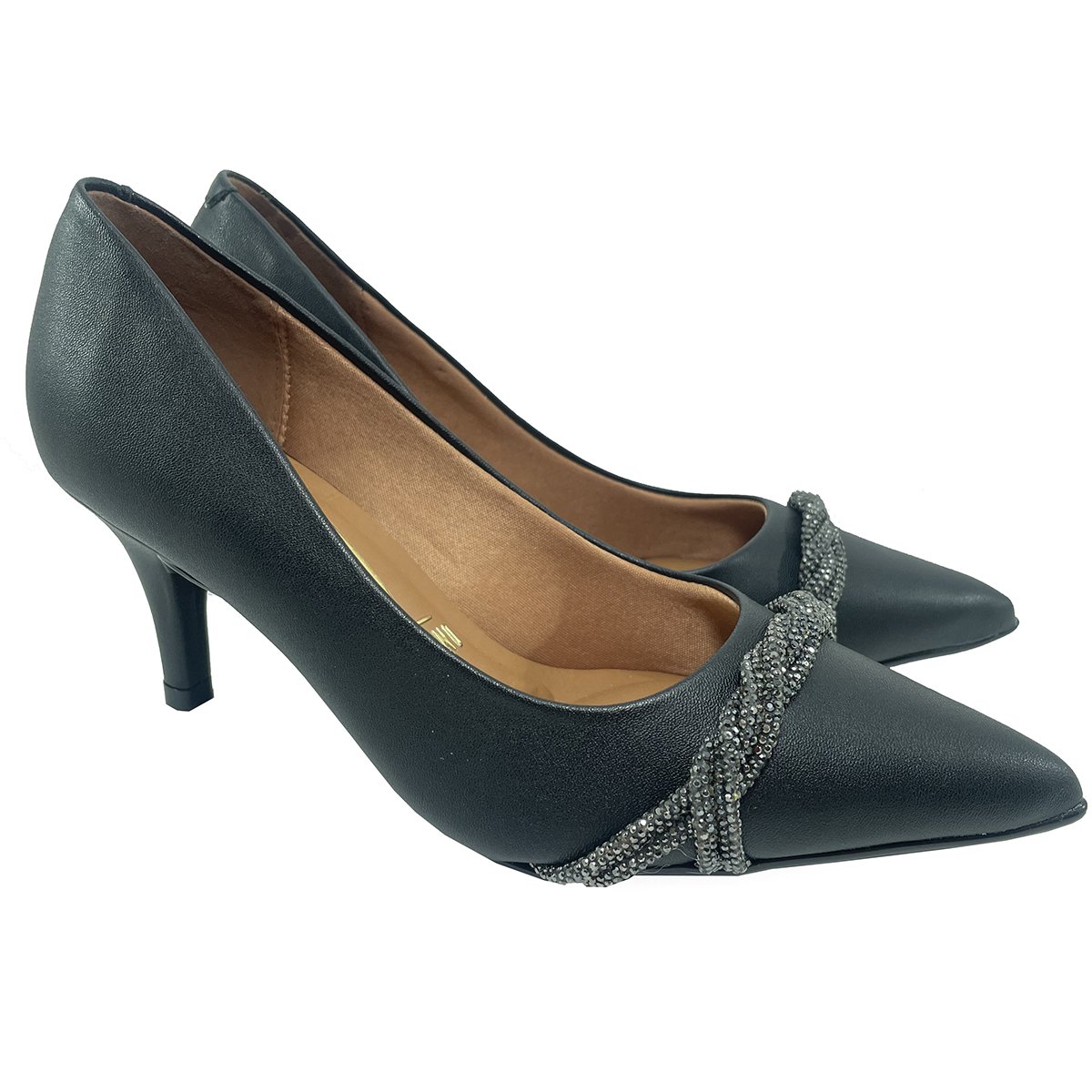 Scarpin Vizzano Enfeite Tira Strass Salto Médio - Preto Preto 1