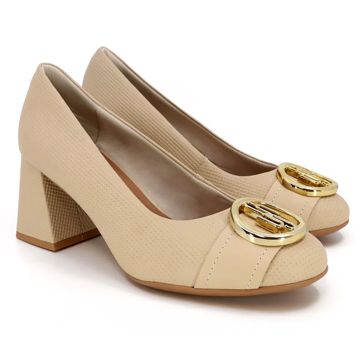 Scarpin Couro Usaflex Salto Bloco Fivela Monograma - Bege Bege 1